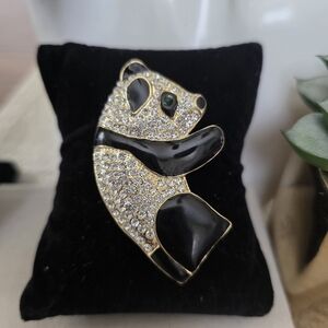 Vintage Brooch Pin Gold Pave and Black Enamel Panda Bear
